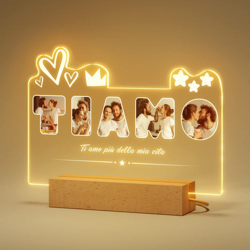 Lampada Personalizzata Ti Amo con Foto e Dedica - Regalo Unico per Lei e Lui, LED USB in Acrilico e Legno, Dimensioni 15x22cm
