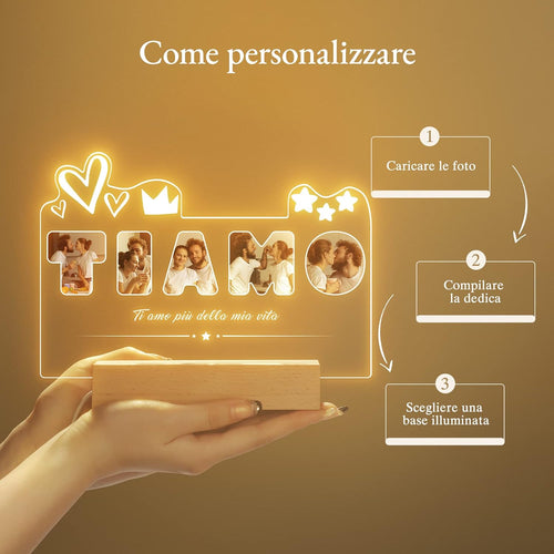Lampada Personalizzata Ti Amo con Foto e Dedica - Regalo Unico per Lei e Lui, LED USB in Acrilico e Legno, Dimensioni 15x22cm