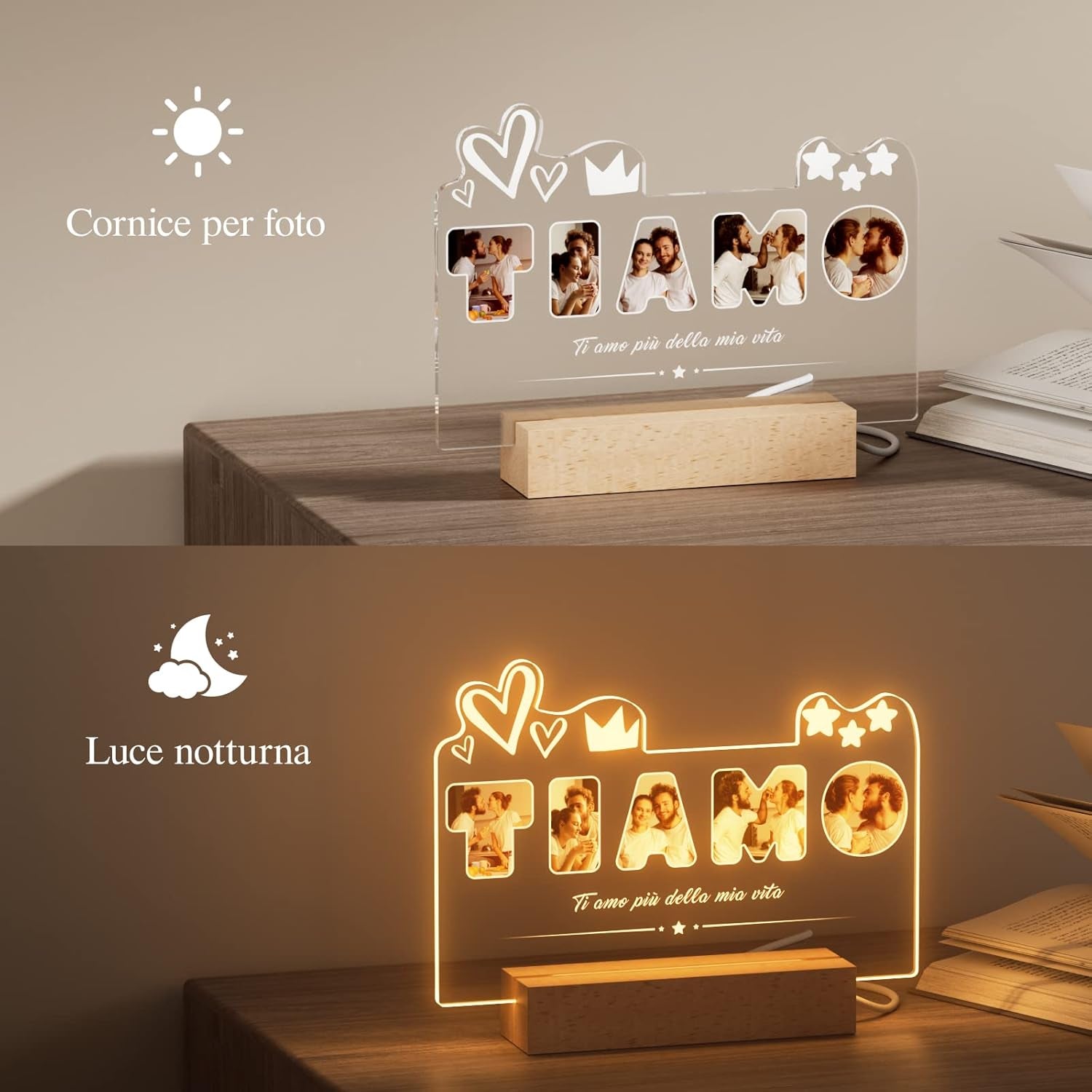Lampada Personalizzata Ti Amo con Foto e Dedica - Regalo Unico per Lei e Lui, LED USB in Acrilico e Legno, Dimensioni 15x22cm