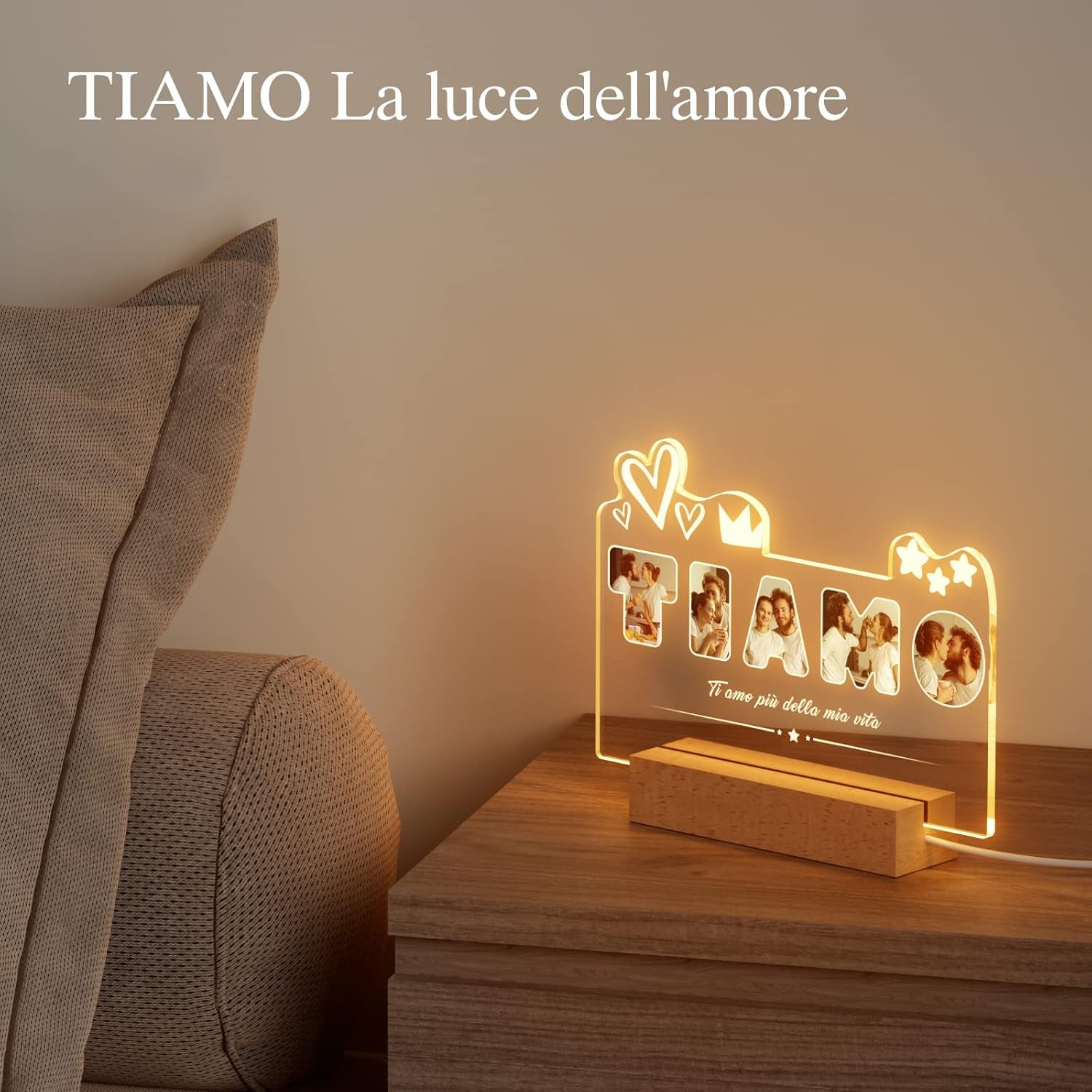 Lampada Personalizzata Ti Amo con Foto e Dedica - Regalo Unico per Lei e Lui, LED USB in Acrilico e Legno, Dimensioni 15x22cm